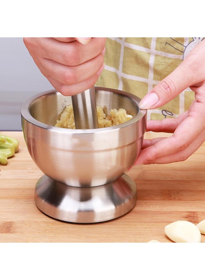 هاون ومدقة من الفولاذ المقاوم للصدأ شديد التحمل مع غطاء وقاعدة ثابتة للاستخدام اليومي في المطبخ. تصميم متين وصلب مصبوب، مثالي لطحن التوابل والأعشاب. - Image 5